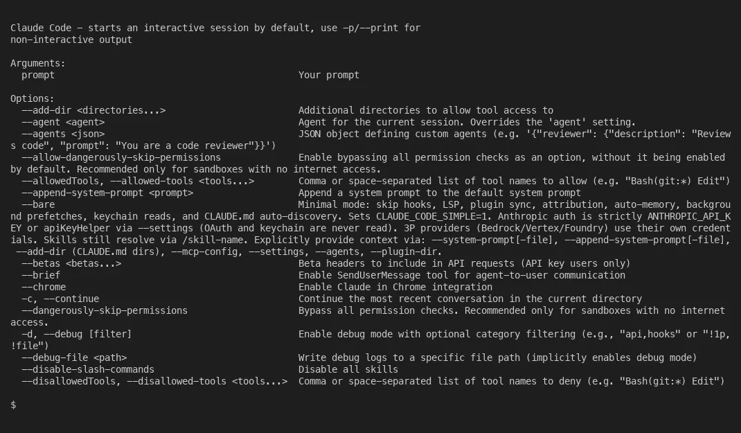 Running claude --help showing the real documented options and features