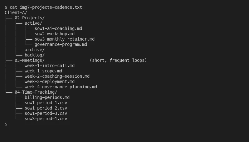 Anonymized client projects, meetings, and billing-period folders showing short iterative cycles
