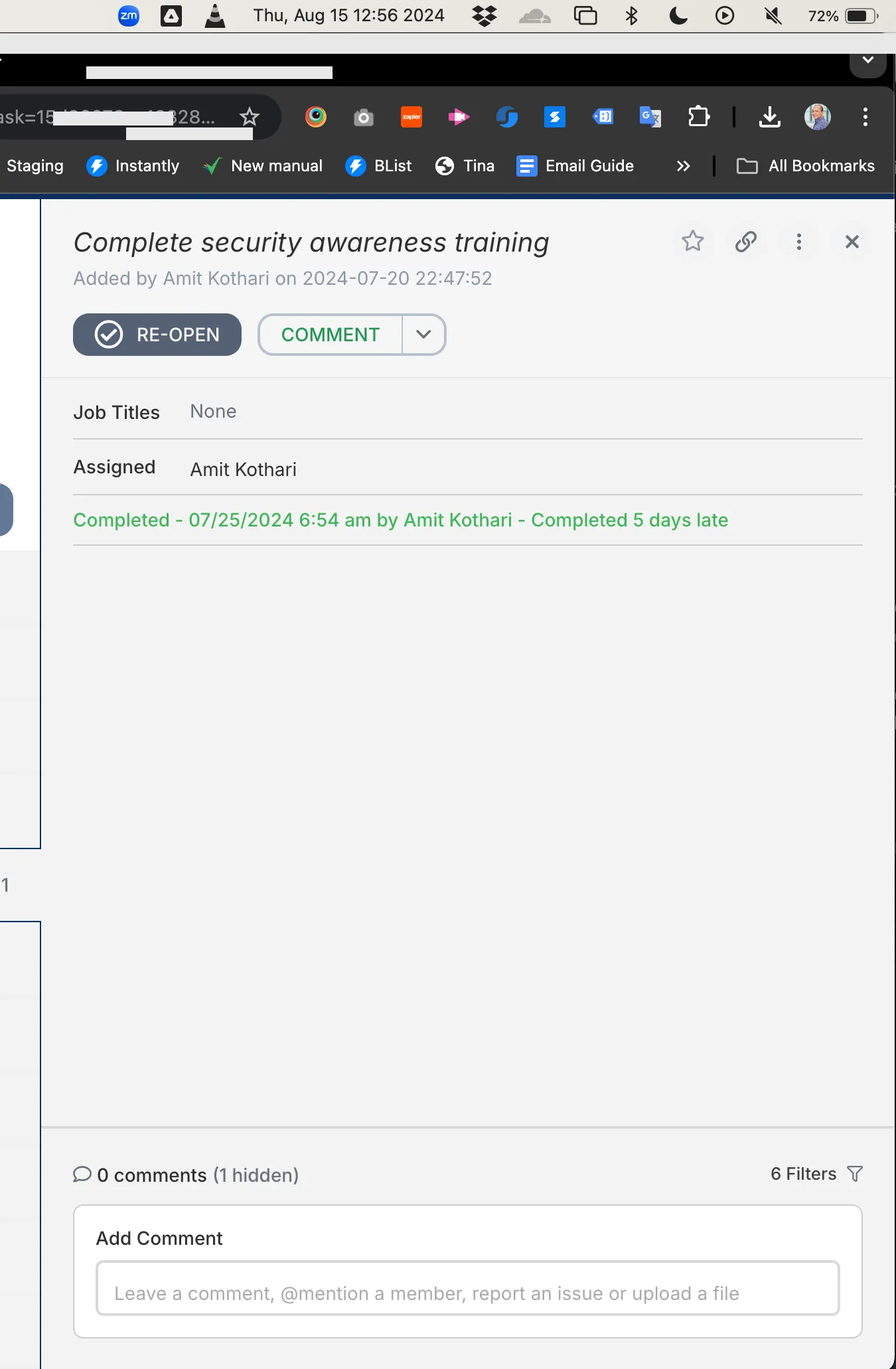 Real training completion evidence captured in Tallyfy