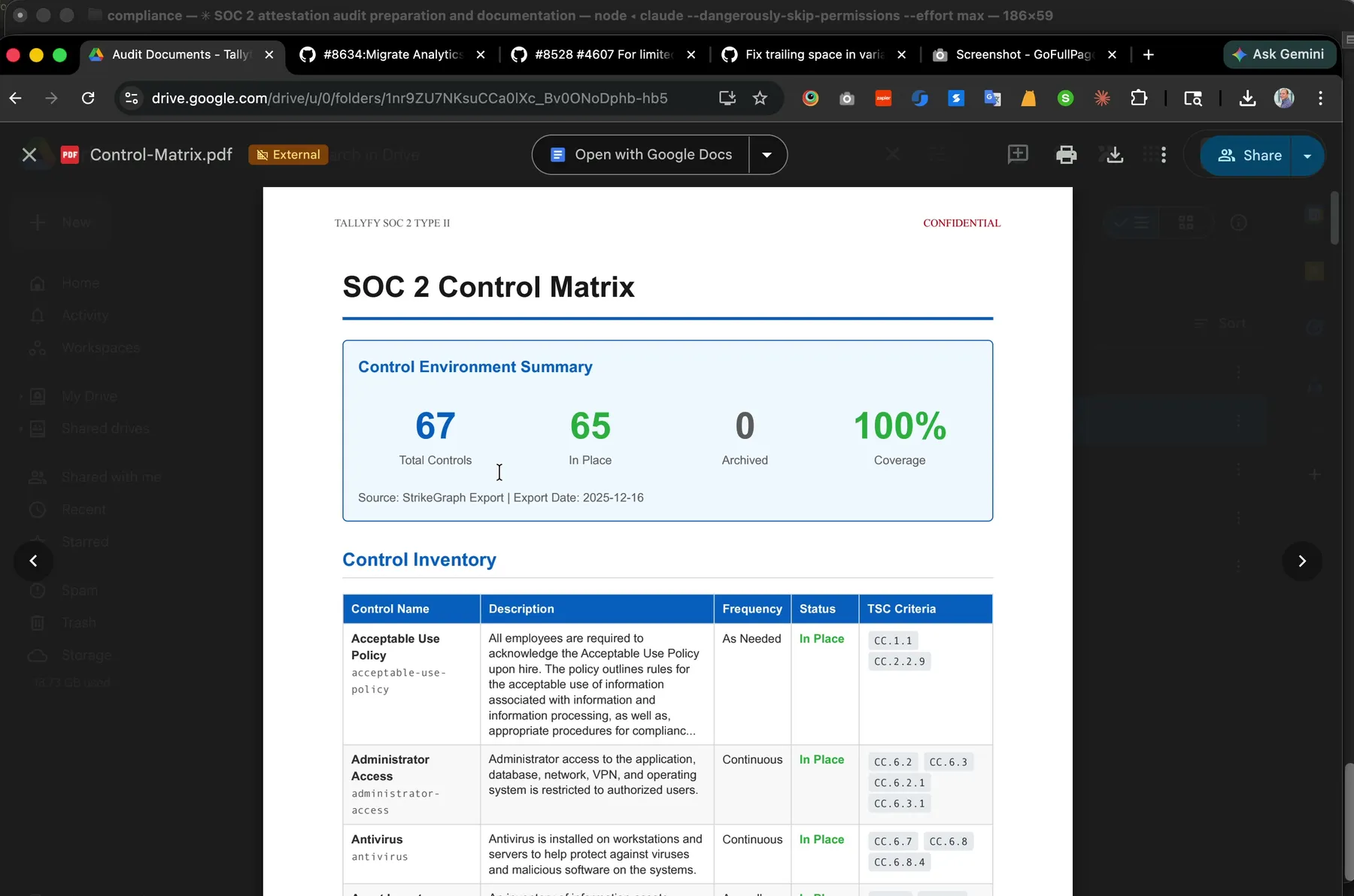 Tallyfy SOC 2 control matrix: 67 total controls, 65 in place, 0 archived, 100% coverage