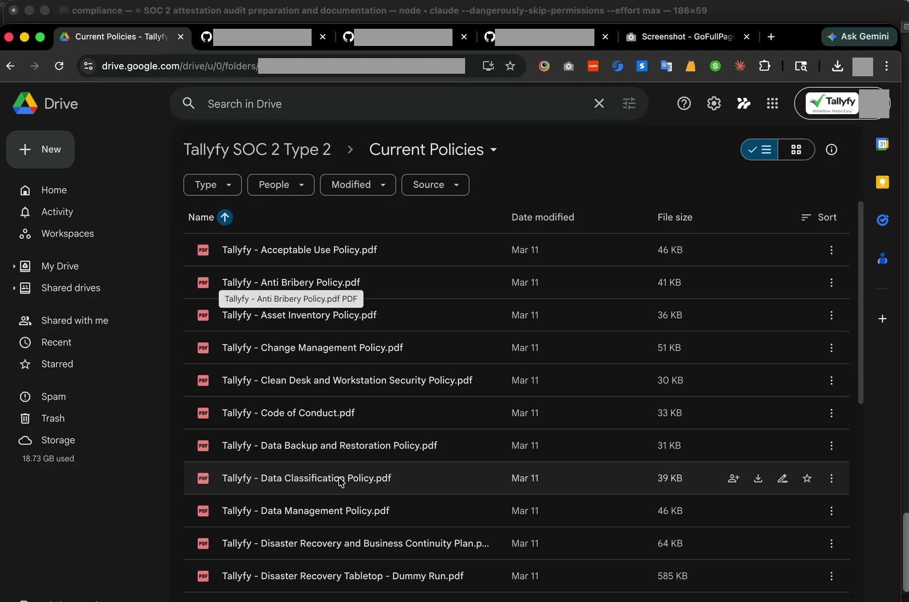 Current Policies folder on Google Drive with all 31 policies as dated PDFs