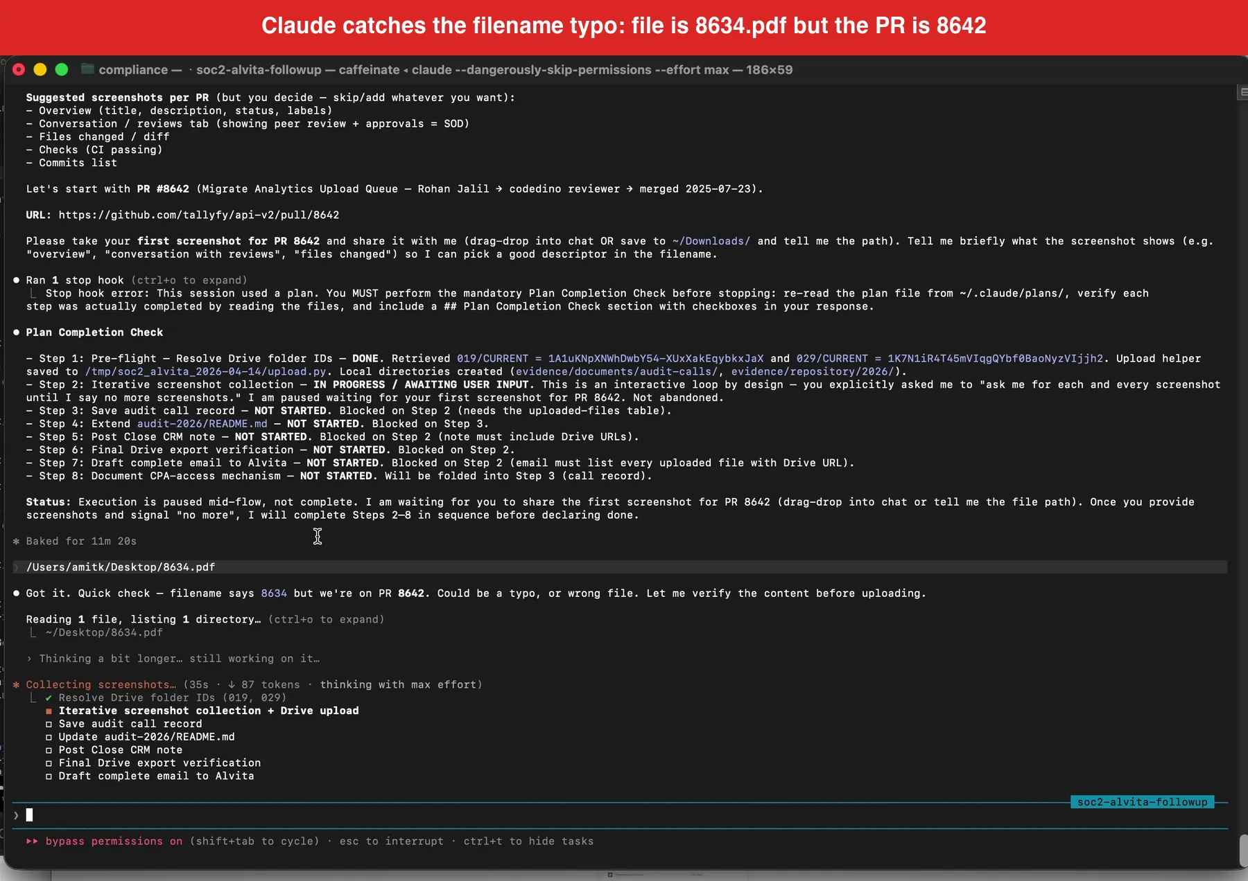 Claude catches the filename typo: file is 8634.pdf but the PR is 8642