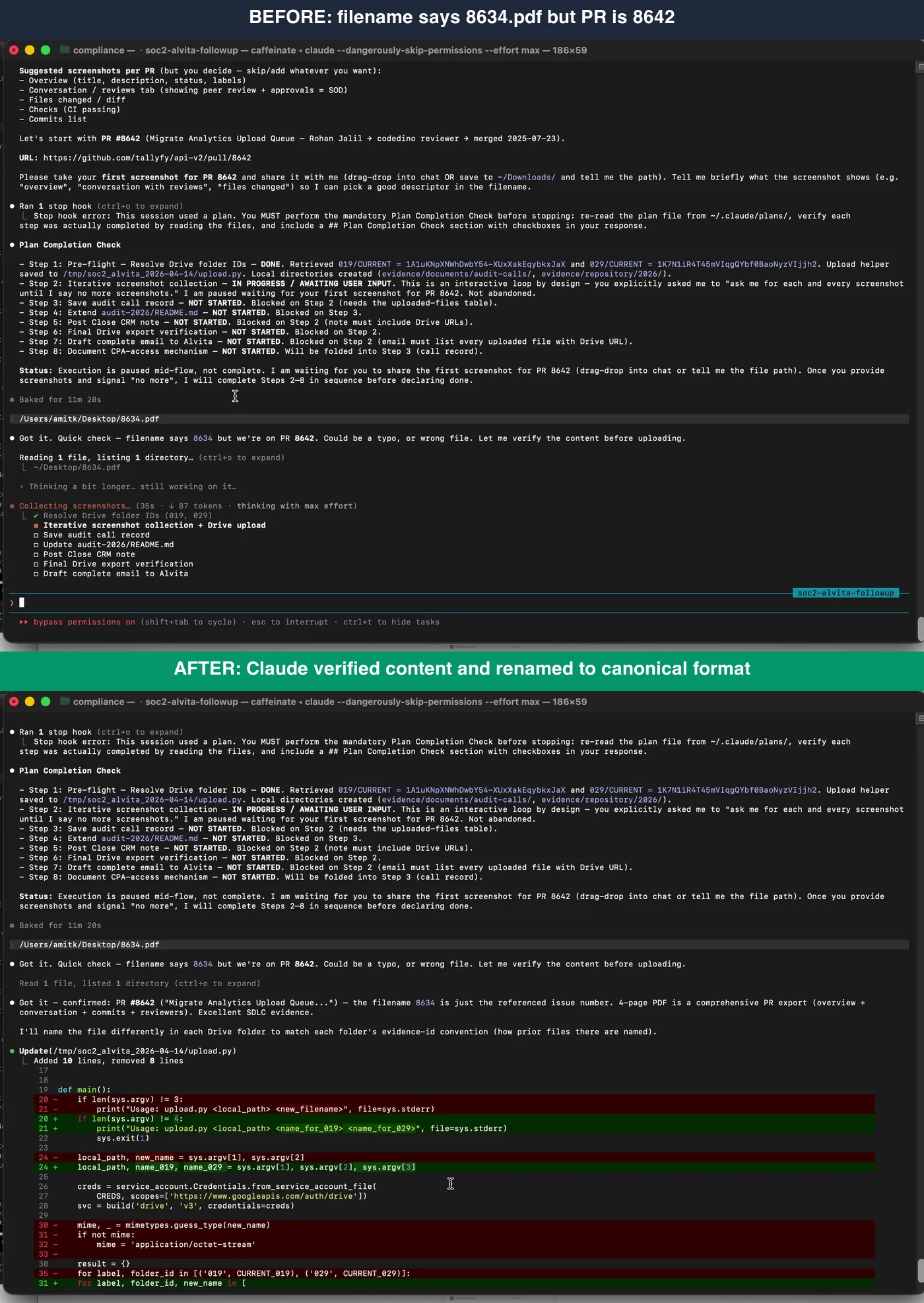 Side by side before and after Claude catching the typo and renaming to the canonical format