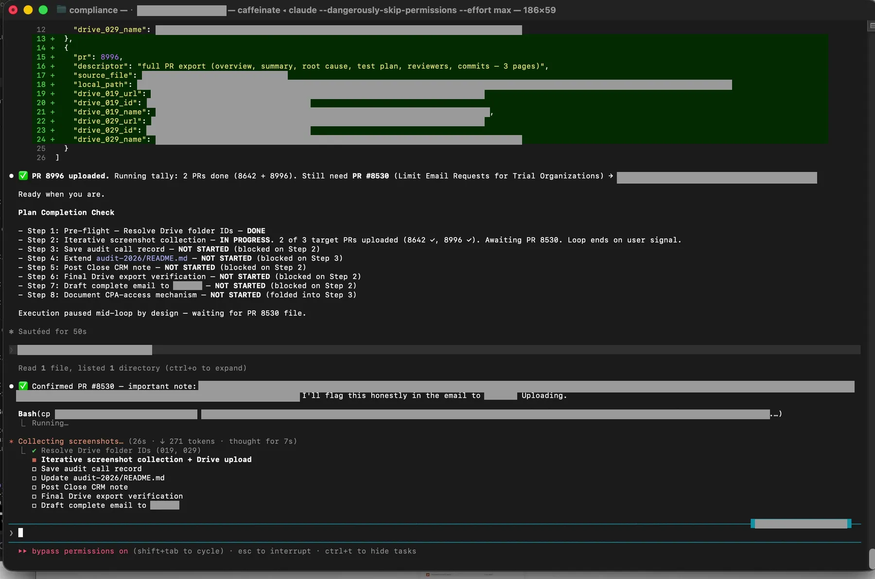 Running tally showing 2 of 3 PRs uploaded, explicit remaining items tracked