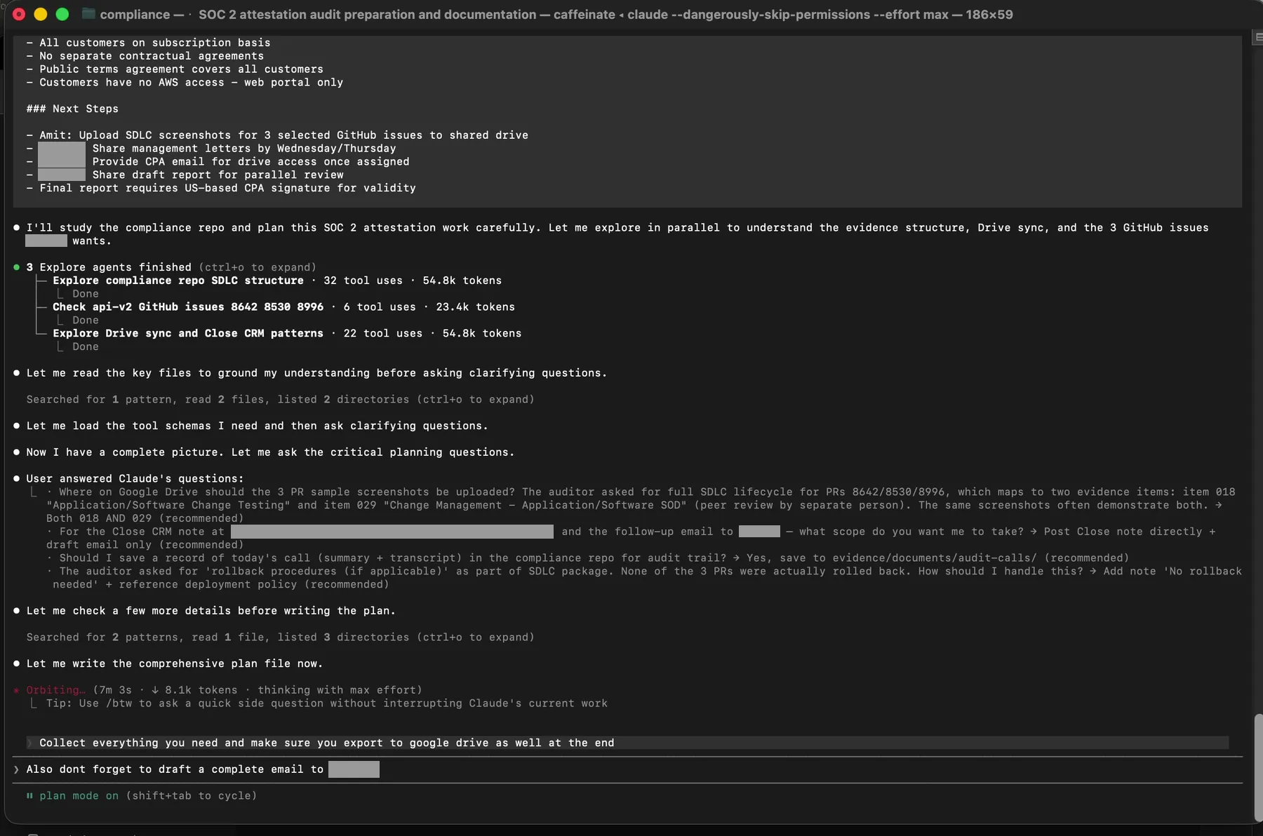 User approves the plan with the instruction to collect everything and export to Drive and draft the auditor email