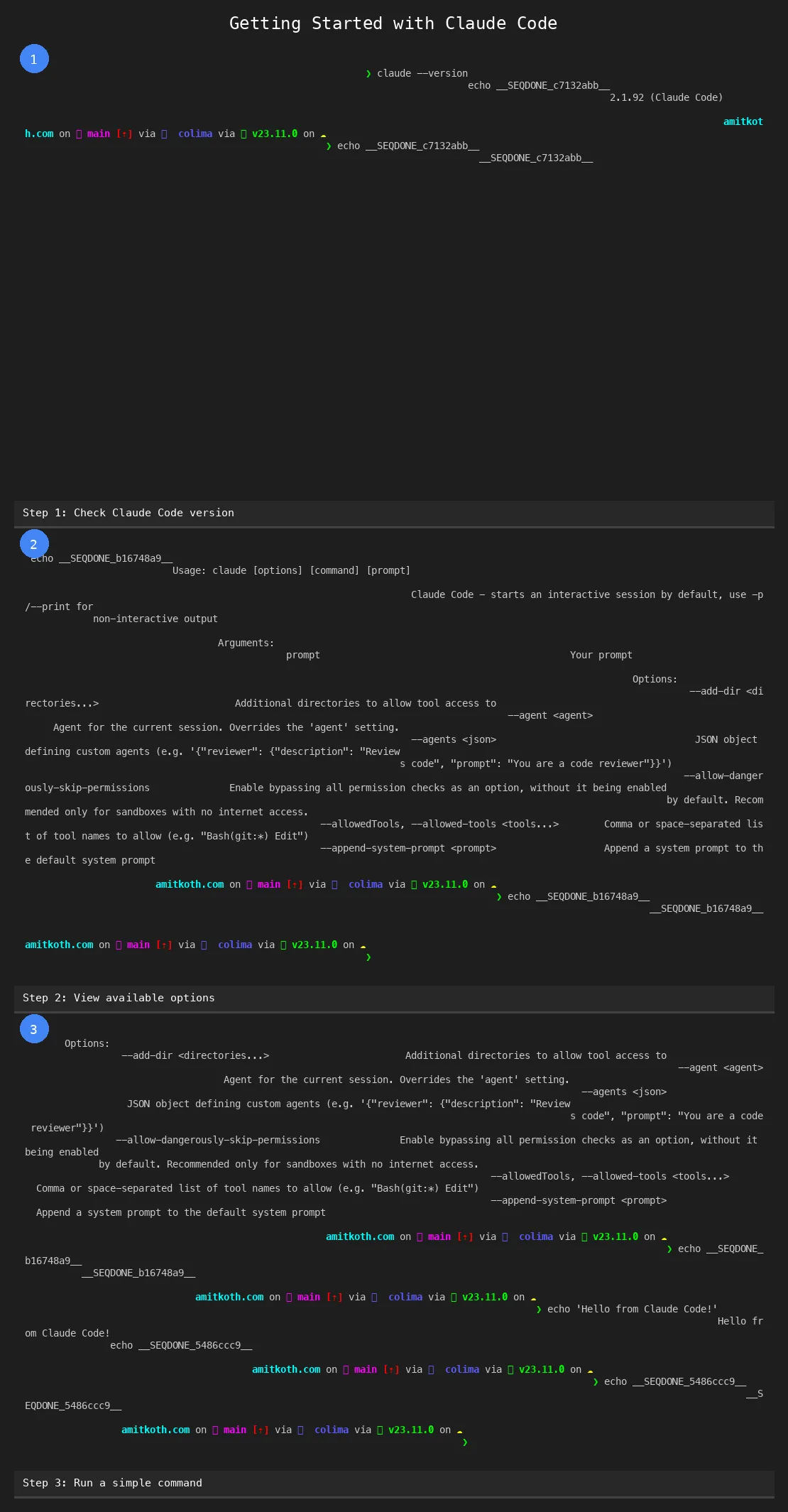 Composite image showing three sequential terminal steps with numbered badges