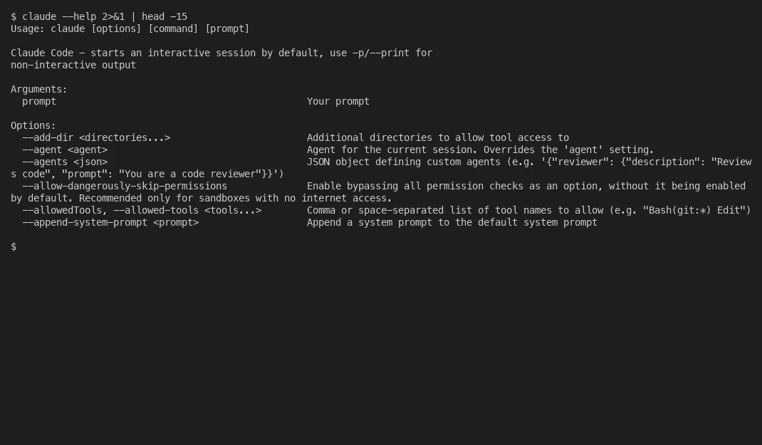Claude Code help output captured headlessly