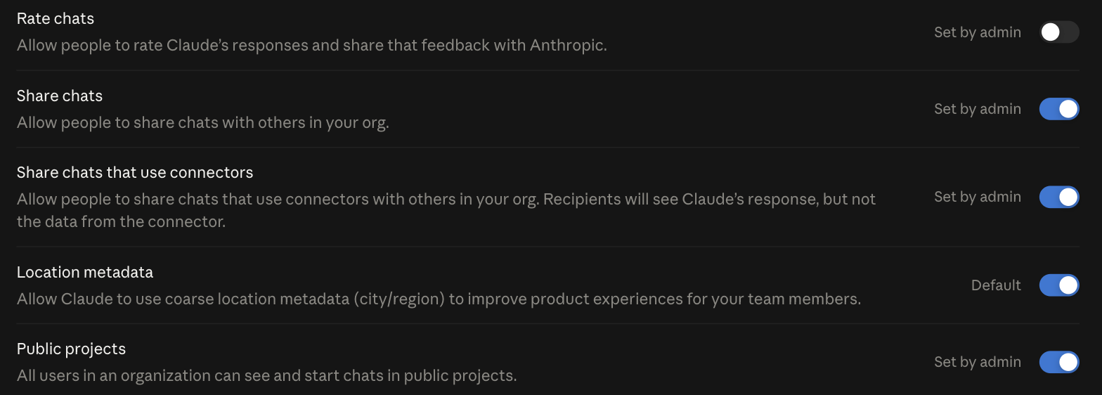Claude Enterprise admin console privacy settings, showing separate toggles for chat rating, chat sharing, sharing chats that use connectors, location metadata and public projects