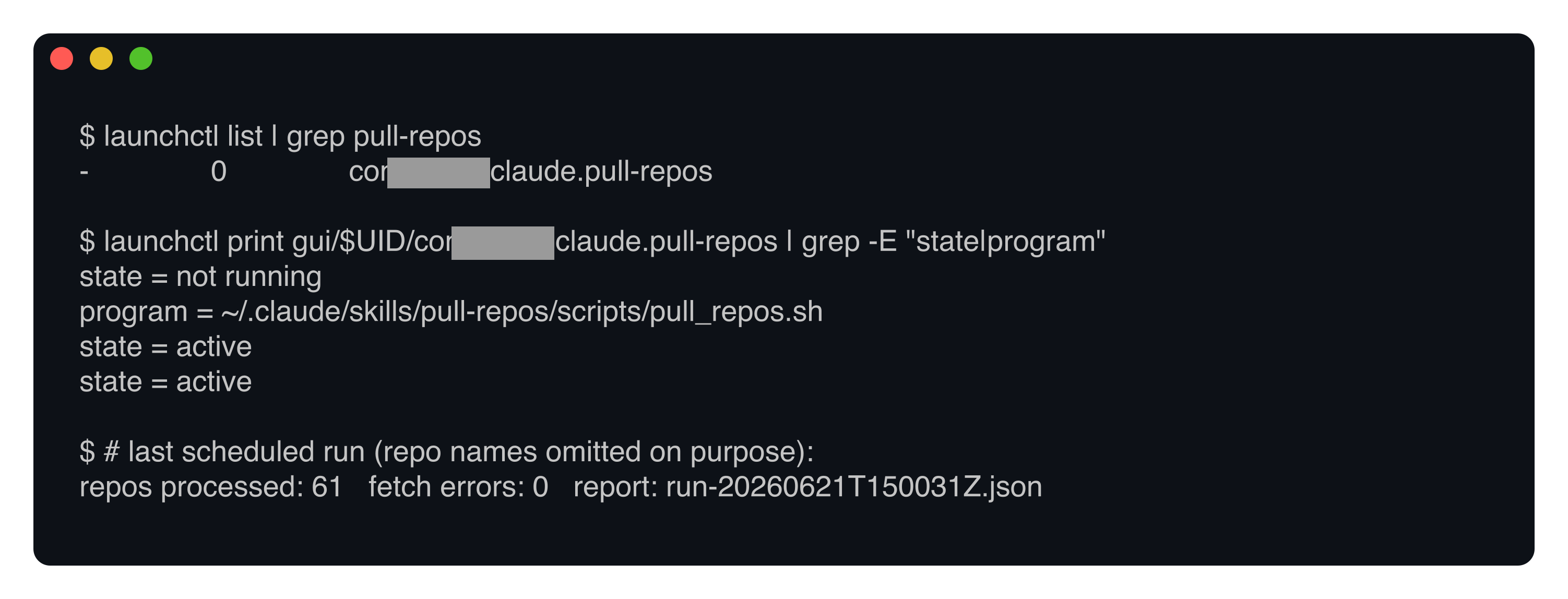 Terminal output showing the LaunchAgent loaded and a real run processing 61 repos with zero fetch errors