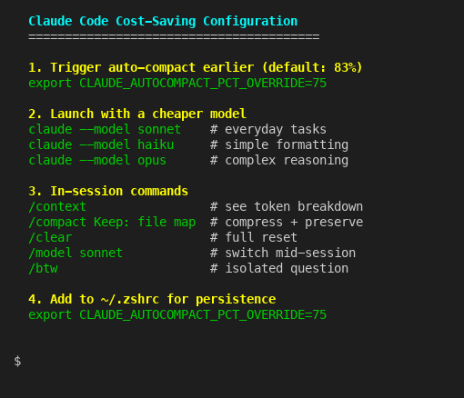 Terminal showing Claude Code cost-saving commands including auto-compact override, model selection, and session commands