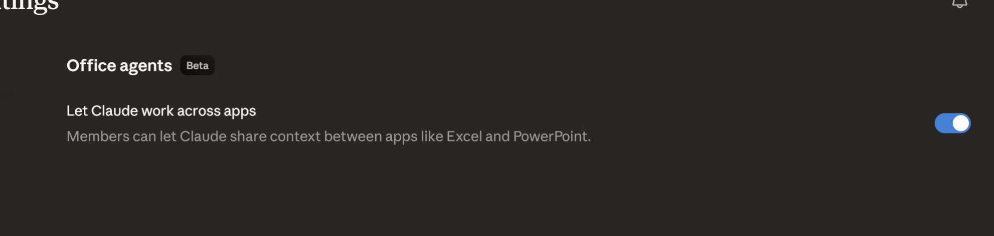 Claude Desktop settings showing the Office Agents beta toggle enabled for cross-app context sharing