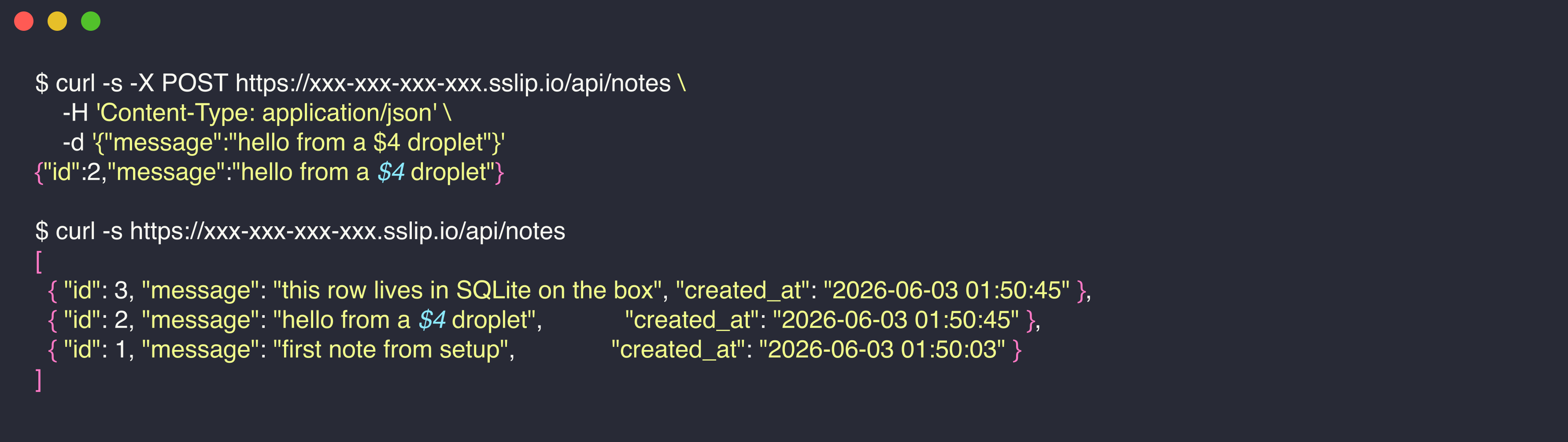 curl posts a note over HTTPS and gets back a JSON list of three notes from the database