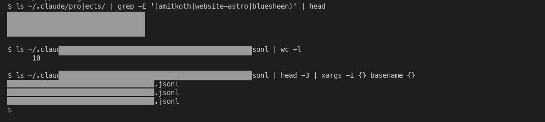 Terminal listing showing Claude Code project directories on local disk and the multi-session JSONL files inside one project.