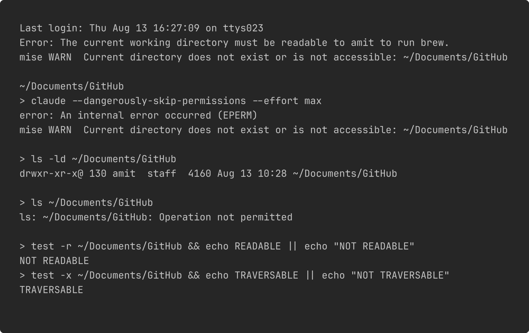 Terminal output showing brew, mise and Claude Code failing in sequence in a freshly opened shell