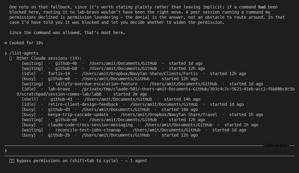 A list-agents listing of 14 peer Claude Code sessions with status, name and working directory for each