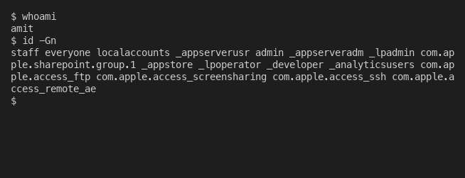 Terminal output of whoami and id -Gn resolving the user and their group memberships instantly